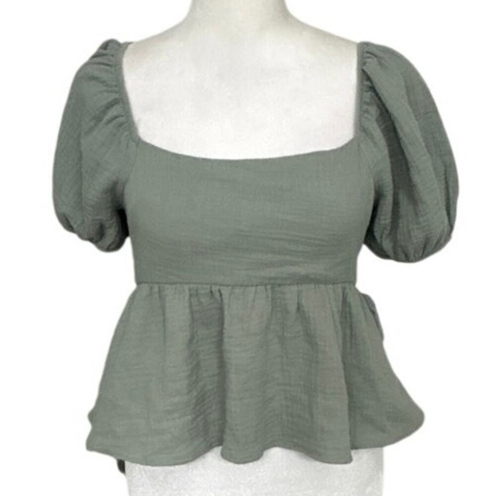 Altar’d State Baby Doll Puff Sleeve Tie Back Top Sage XS NWT Coquette Cottage
